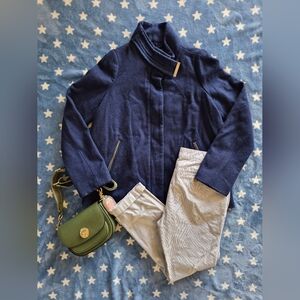 Mango Navy Blue Funnel Neck Wool Blend Coat